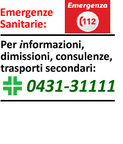 Emergenze Sanitarie: 118/Informazioni, trasporti secondari, visite, dimissioni: 0431-31111